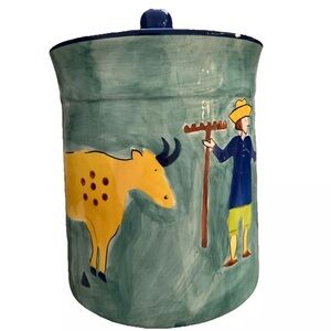 Hand-Painted Ceramic Jar with Cow and Farmer Design by Susan Sargent